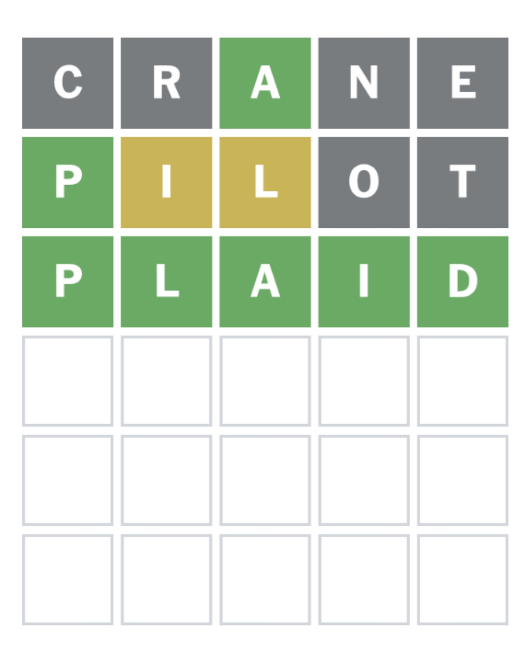 Wordle game screen showing PLAID as the correct answer with green letters highlighting successful guess