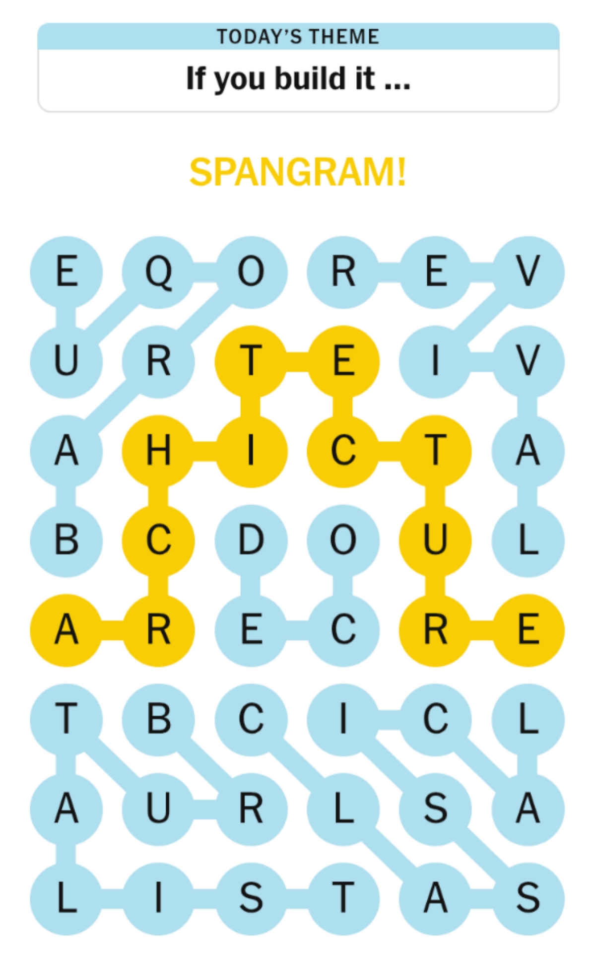 Screenshot of NYT Strands June 11 2025 puzzle grid showing architecture theme with highlighted answer words Screenshot of NYT Strands June 11 2025 puzzle grid showing architecture theme with highlighted answer words