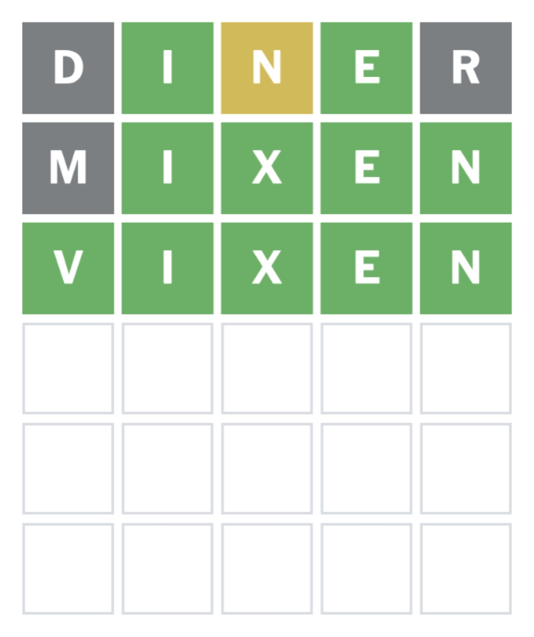 Wordle game screen showing VIXEN as the correct answer with green letters highlighting successful guess