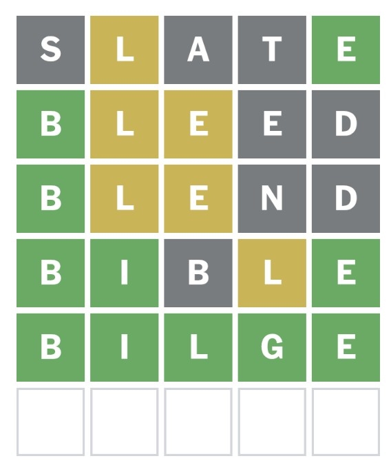 Wordle game screen showing BILGE as the correct answer with green letters highlighting successful guess Wordle game screen showing BILGE as the correct answer with green letters highlighting successful guess