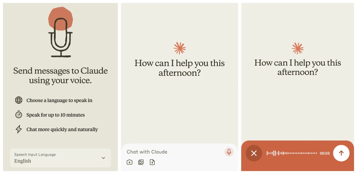 Claude’s Voice Mode for hands-free tasks.