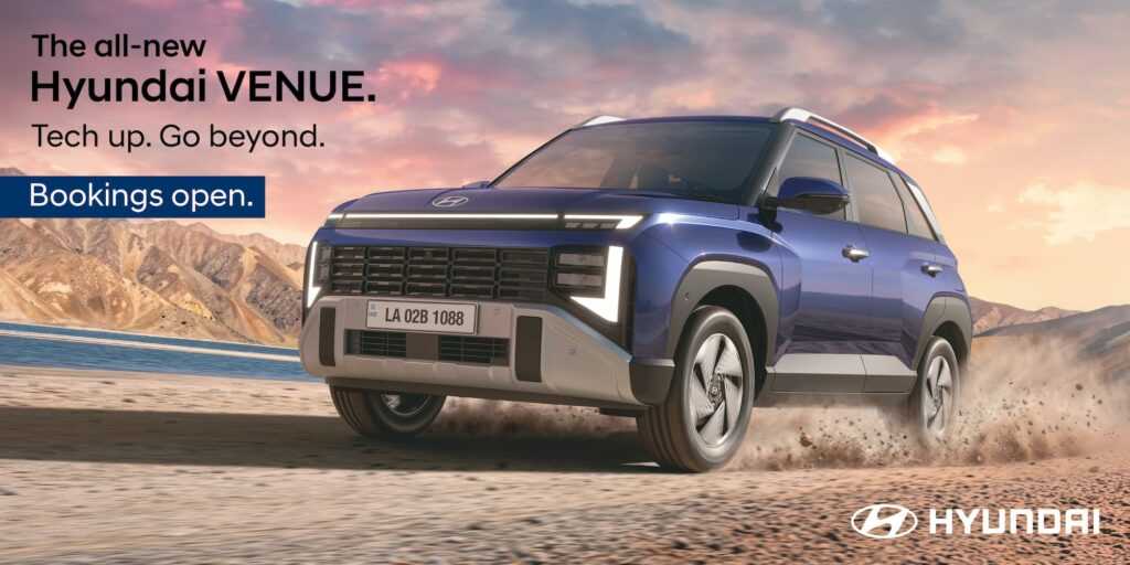 New 2025 Hyundai Venue front three-quarter view showing redesigned LED headlamps and dual screen interior layout