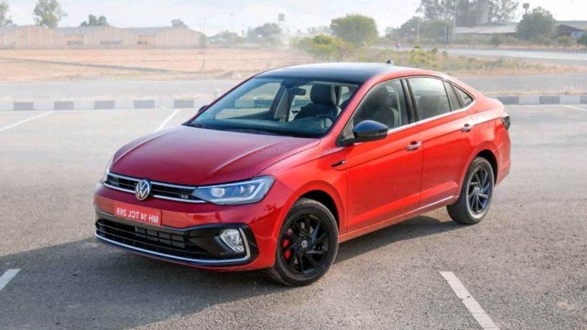 Virtus sedan side profile on road