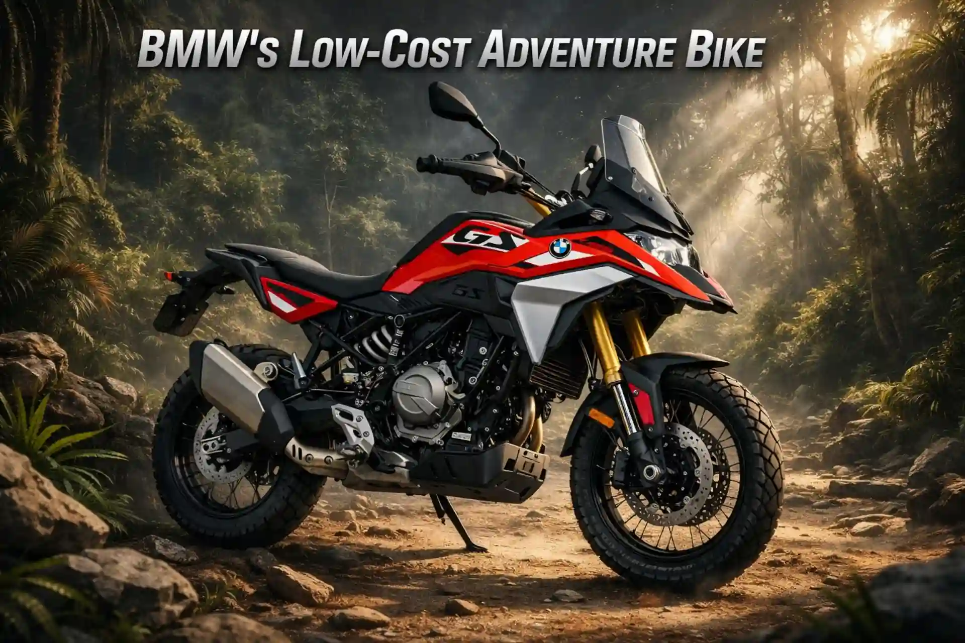 BMW F 450 GS front three-quarter shot in a rainforest