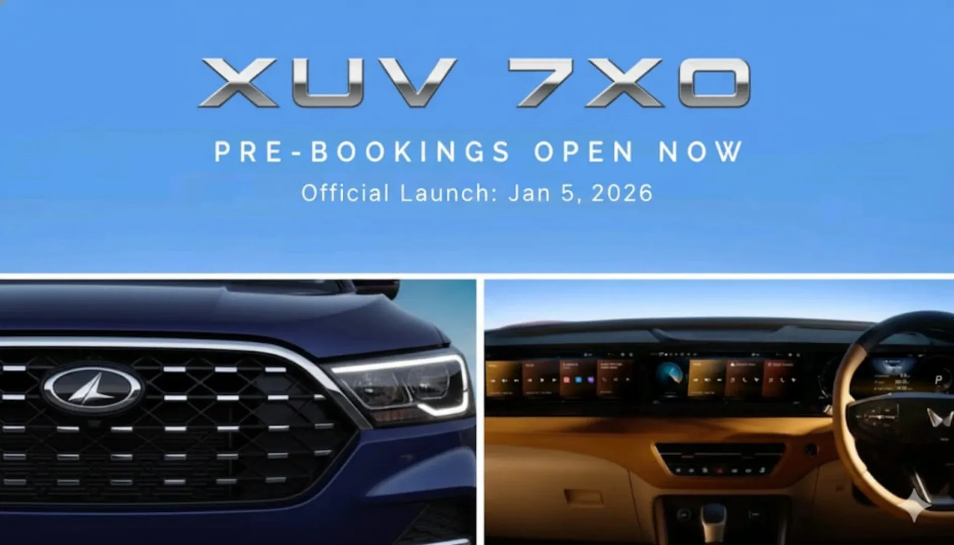 Mahindra XUV 7XO front design with sharp LED headlights and six-slot grille January 2026
