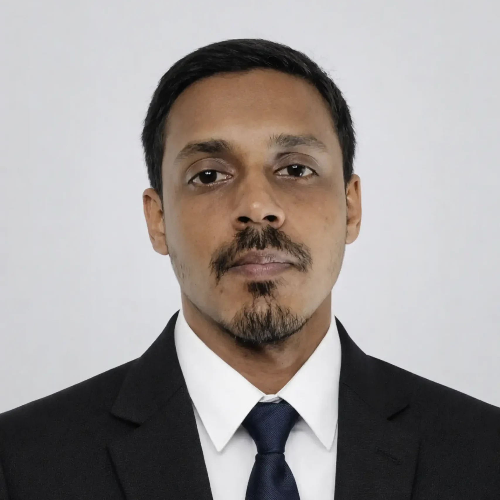 Monojit Paul in a black suit and blue tie, facing forward against a light gray studio background.