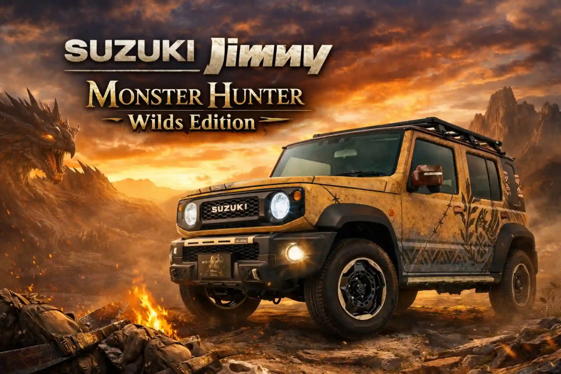 Suzuki Jimny Monster Hunter Wilds Edition front three-quarter artistic view