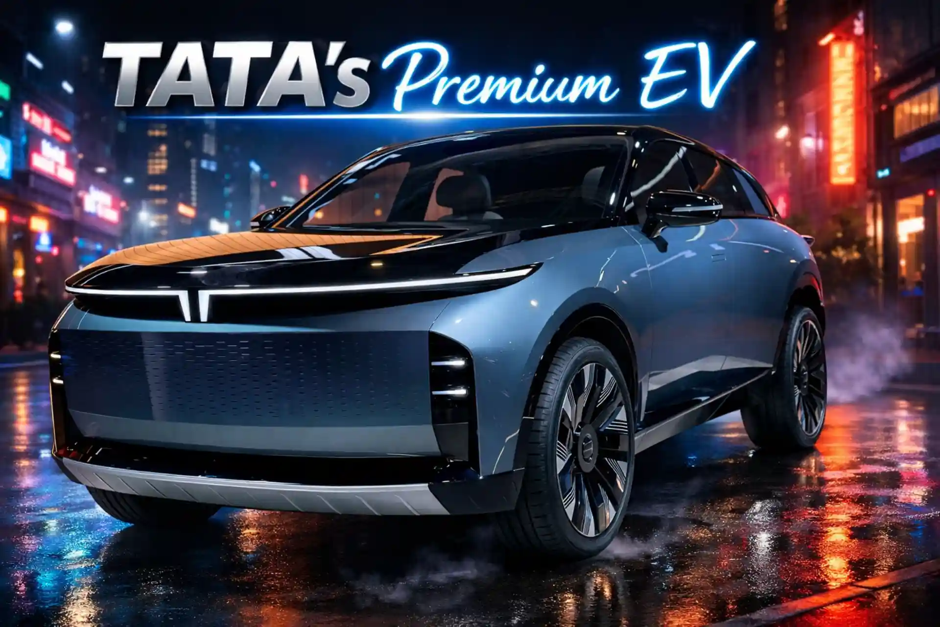 Tata Avinya electric vehicle concept exterior front view on a neon street