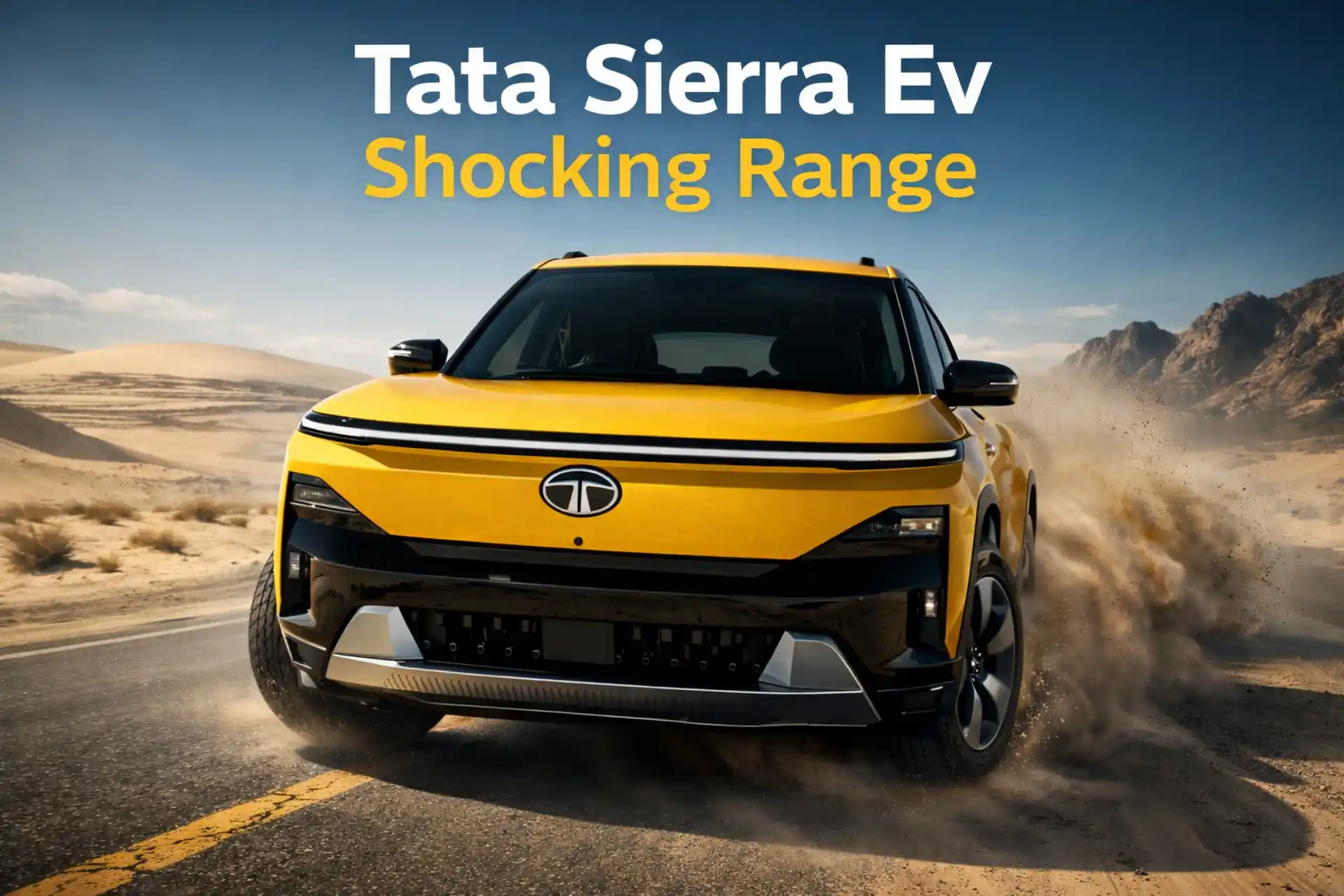 Tata Sierra EV front three-quarter view on road in desert